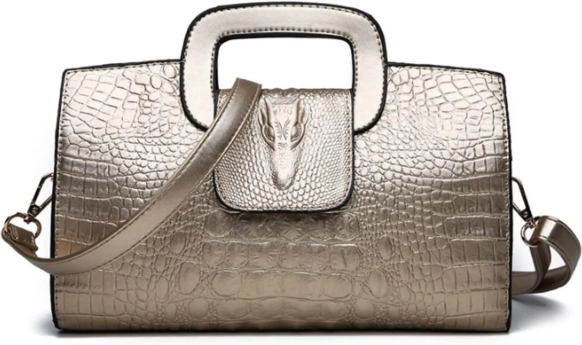 XXGJOALD-Women Satchel Handbag Crocodile Pattern Shoulder Bag Embossed Fuax Leather Purse Long Tote Top-Handle Bag Gold