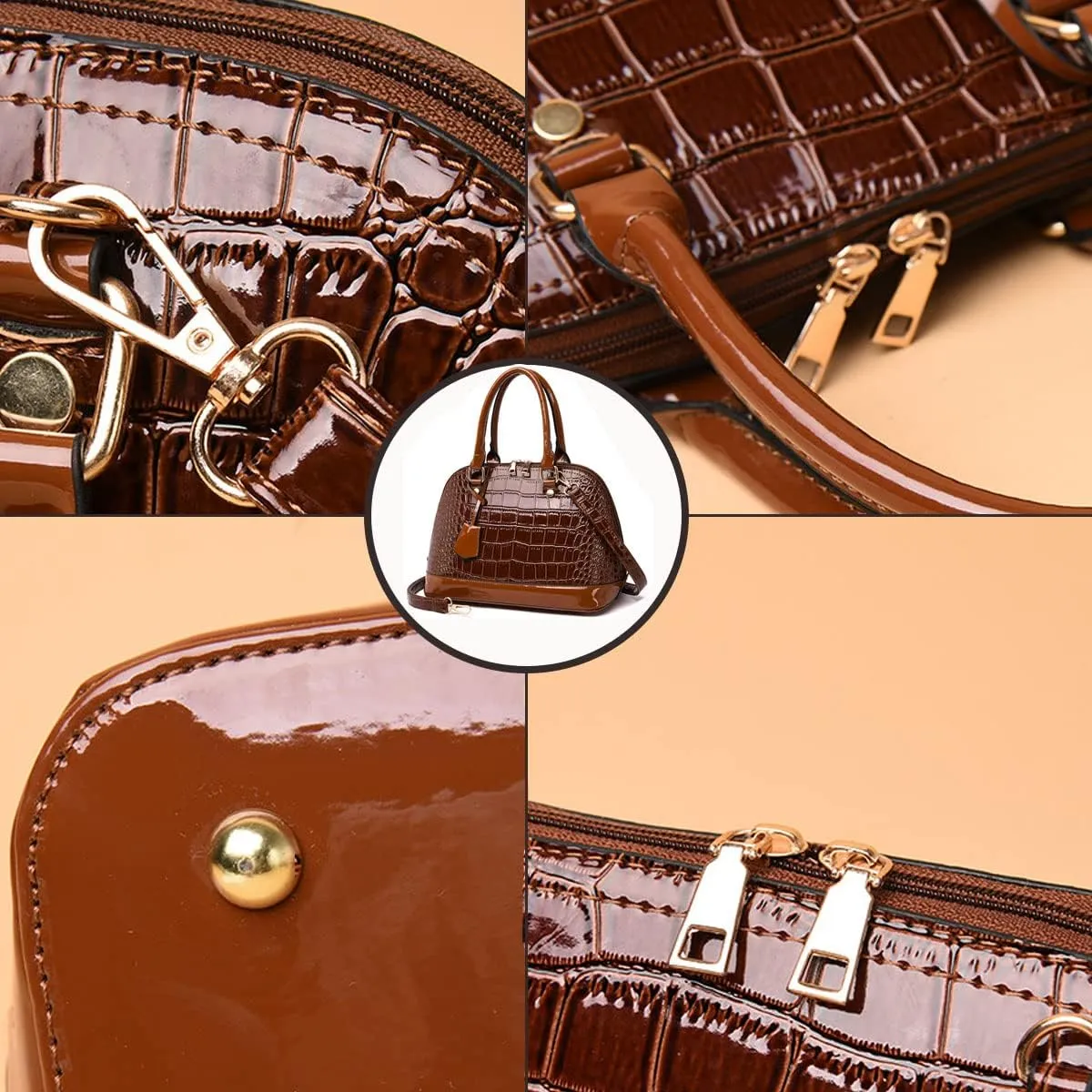 XXGJOALD-Women's Patent Leather Totes Elegant Handbag Crocodile Pattern Top Handle Purse Shell Shoulder Bag Black