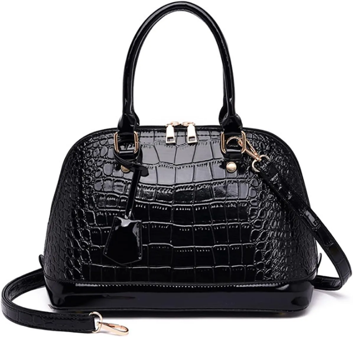 XXGJOALD-Women's Patent Leather Totes Elegant Handbag Crocodile Pattern Top Handle Purse Shell Shoulder Bag Black