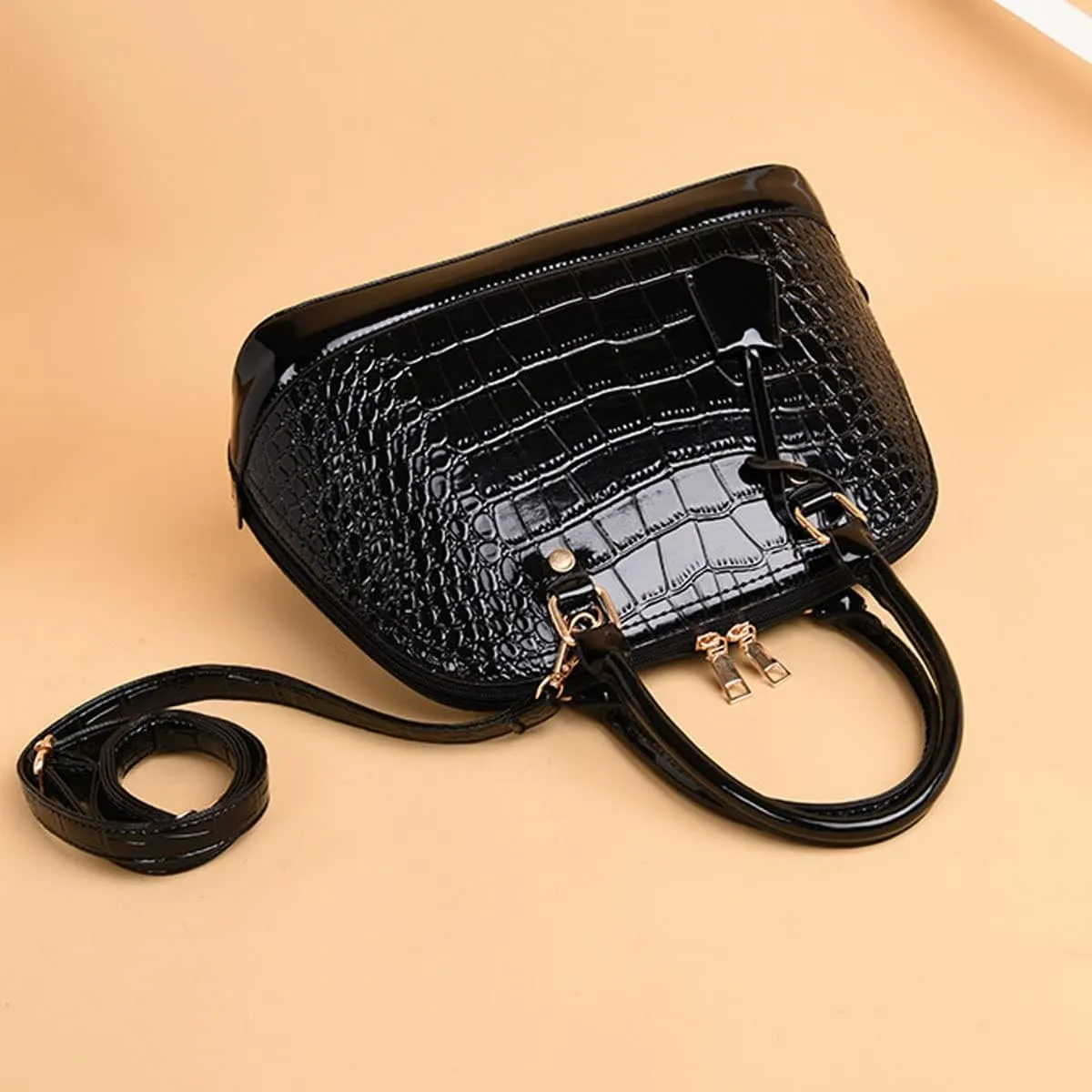 XXGJOALD-Women's Patent Leather Totes Elegant Handbag Crocodile Pattern Top Handle Purse Shell Shoulder Bag Black