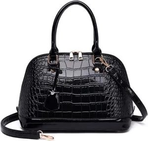 XXGJOALD-Women's Patent Leather Totes Elegant Handbag Crocodile Pattern Top Handle Purse Shell Shoulder Bag Black