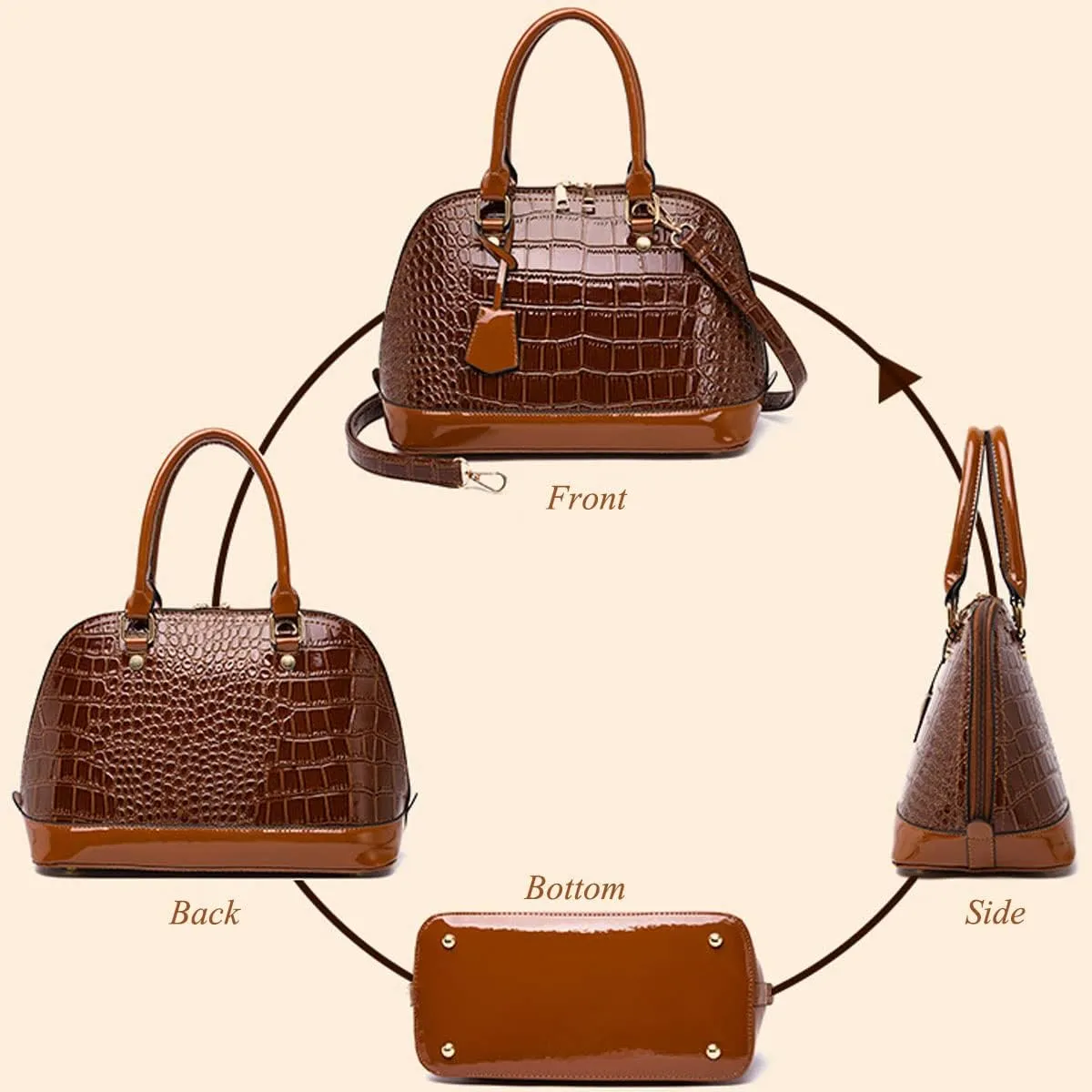 XXGJOALD-Women's Patent Leather Totes Elegant Handbag Crocodile Pattern Top Handle Purse Shell Shoulder Bag Black