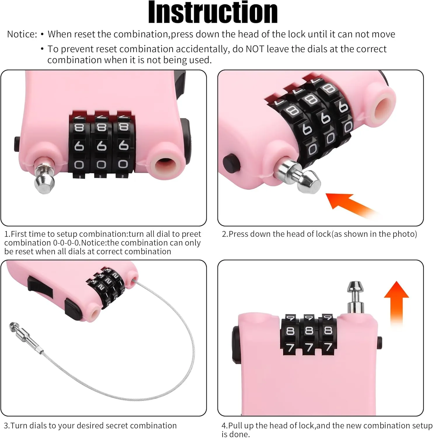 YAODHAOD Combination Cable Lock, Retractable Steel Cable Luggage Lock with 39inch Retractable Steel Cable 3 Digit Combination Lock Travel Bike Helmet Snowboard Lock (Pink)