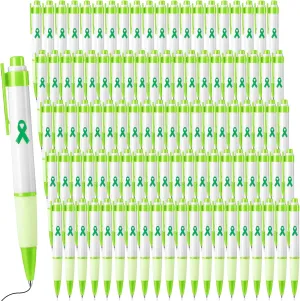 Yeaqee 100 Pcs Mental Health Awareness Pen Green Ribbon Theme Retractable Black Ink Ballpoint Pens Bulk for Public Events Charity Volunteers Gifts