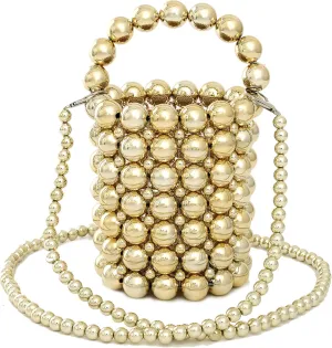 YIFEI Women Metaillic Colored Beaded Acrylic Handmade Bucket Bag with Detachable Chain