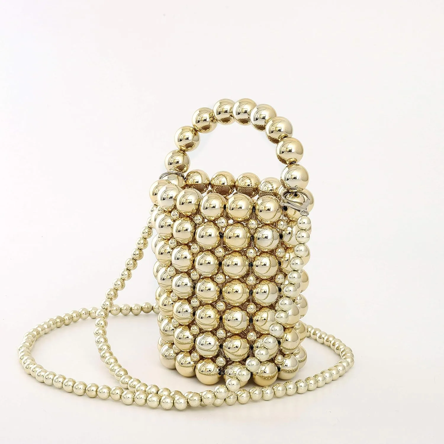 YIFEI Women Metaillic Colored Beaded Acrylic Handmade Bucket Bag with Detachable Chain