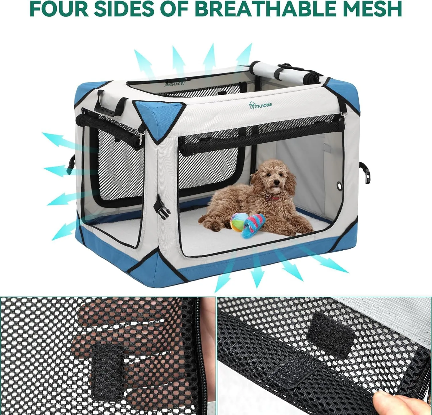 YITAHOME Collapsible Dog Crate, 4-Door Portable Travel Dog Crate, 4-Door Folding Soft Dog Kennel with Breathable Mesh Windows & Soft Mat，Indoor & Outdoor Use, 42" L x 31" W x 31" H, Flat Style