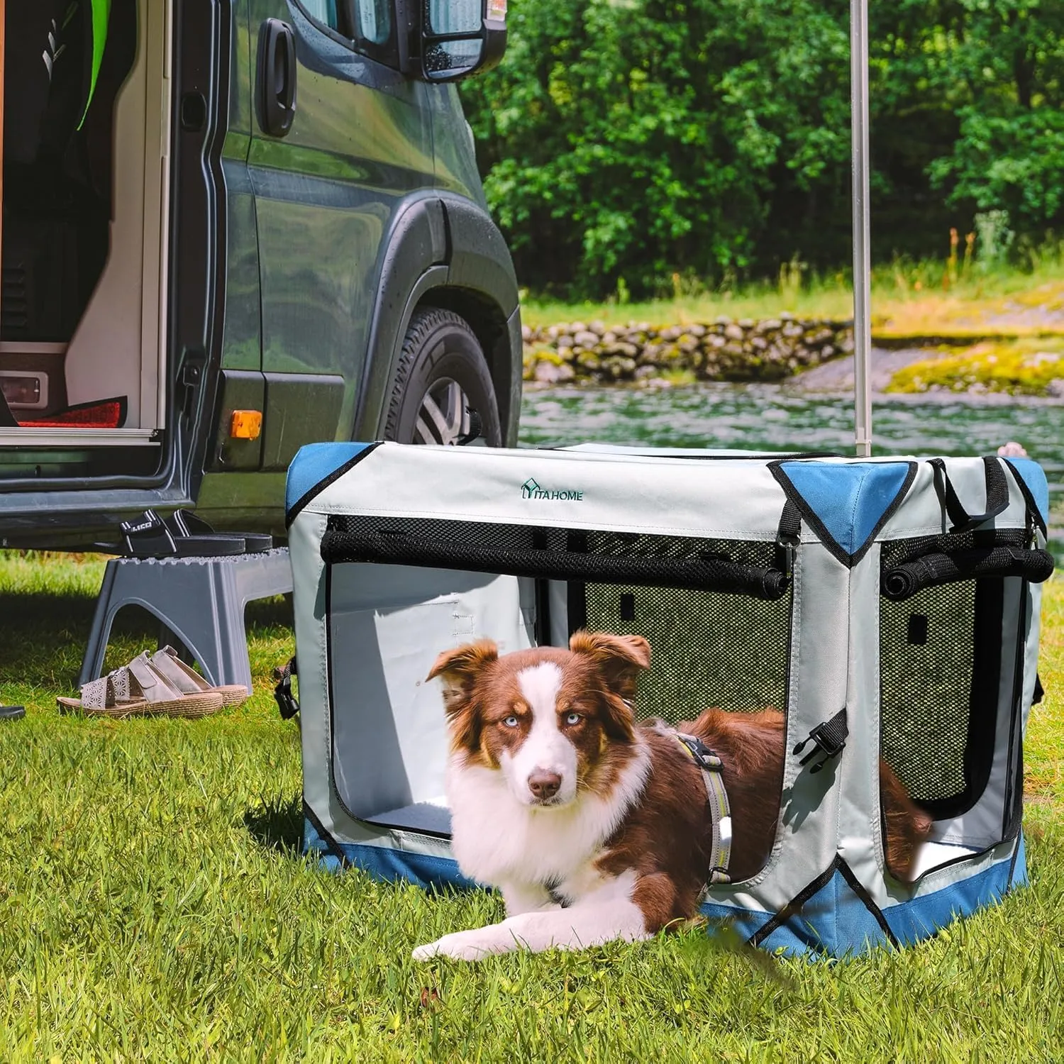 YITAHOME Collapsible Dog Crate, 4-Door Portable Travel Dog Crate, 4-Door Folding Soft Dog Kennel with Breathable Mesh Windows & Soft Mat，Indoor & Outdoor Use, 42" L x 31" W x 31" H, Flat Style