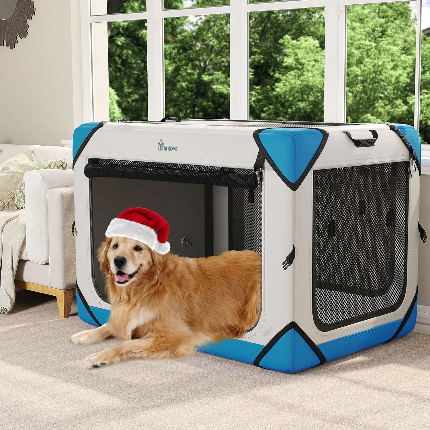 YITAHOME Collapsible Dog Crate, 4-Door Portable Travel Dog Crate, 4-Door Folding Soft Dog Kennel with Breathable Mesh Windows & Soft Mat，Indoor & Outdoor Use, 42" L x 31" W x 31" H, Flat Style