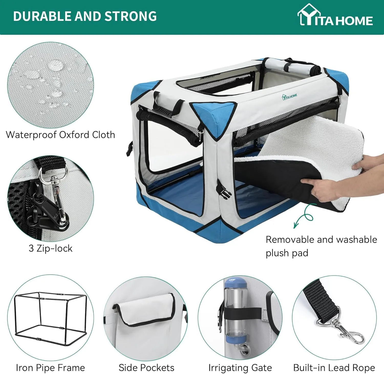 YITAHOME Collapsible Dog Crate, 4-Door Portable Travel Dog Crate, 4-Door Folding Soft Dog Kennel with Breathable Mesh Windows & Soft Mat，Indoor & Outdoor Use, 42" L x 31" W x 31" H, Flat Style
