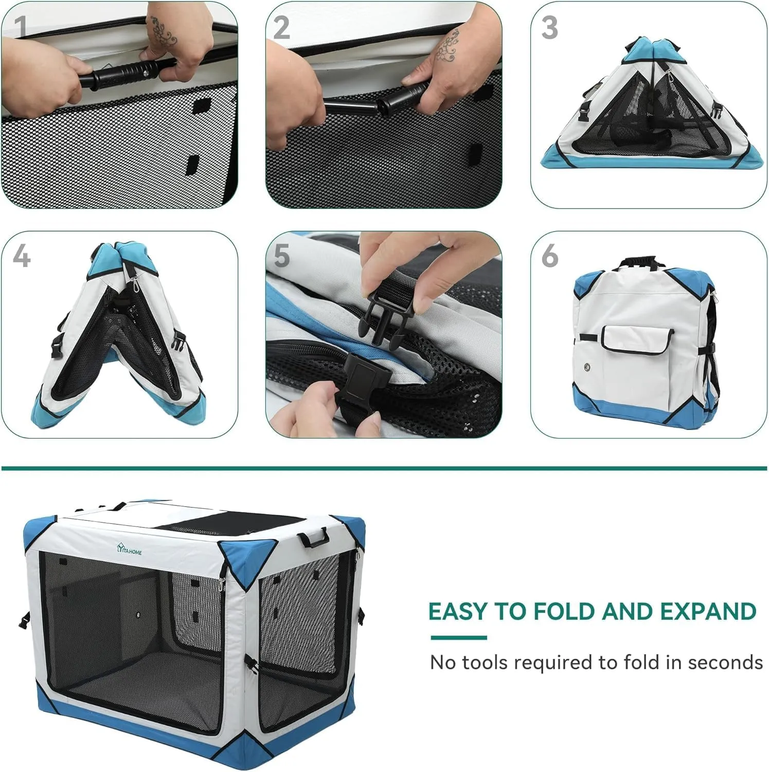 YITAHOME Collapsible Dog Crate, 4-Door Portable Travel Dog Crate, 4-Door Folding Soft Dog Kennel with Breathable Mesh Windows & Soft Mat，Indoor & Outdoor Use, 42" L x 31" W x 31" H, Flat Style