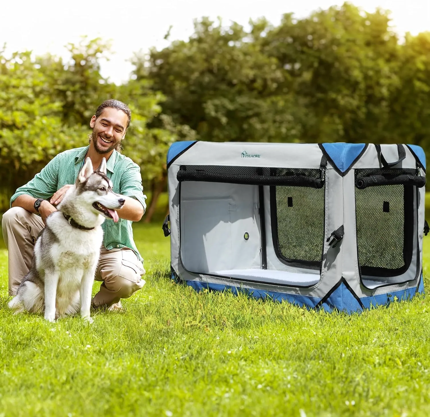 YITAHOME Collapsible Dog Crate, 4-Door Portable Travel Dog Crate, 4-Door Folding Soft Dog Kennel with Breathable Mesh Windows & Soft Mat，Indoor & Outdoor Use, 42" L x 31" W x 31" H, Flat Style