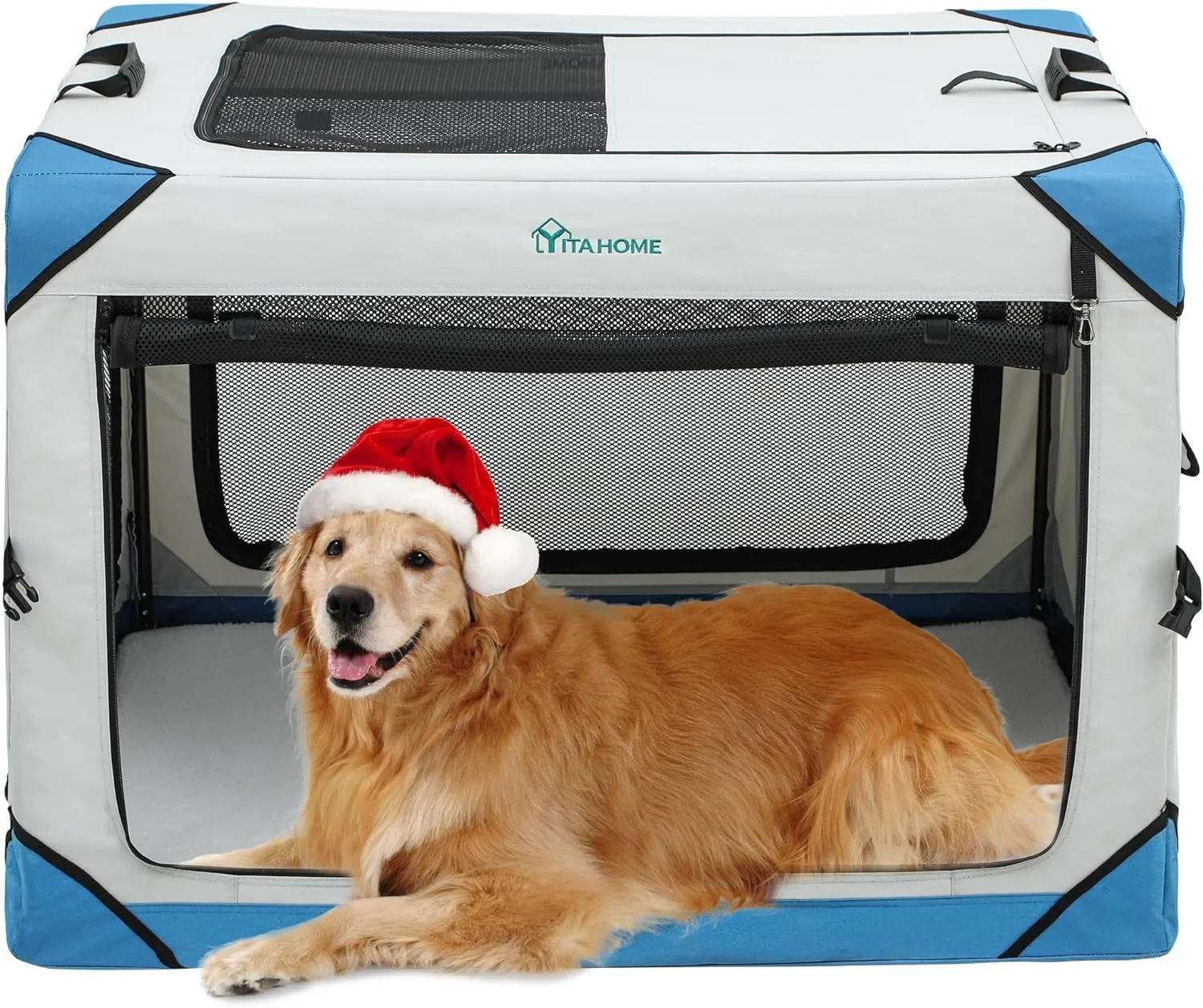 YITAHOME Collapsible Dog Crate, 4-Door Portable Travel Dog Crate, 4-Door Folding Soft Dog Kennel with Breathable Mesh Windows & Soft Mat，Indoor & Outdoor Use, 42" L x 31" W x 31" H, Flat Style