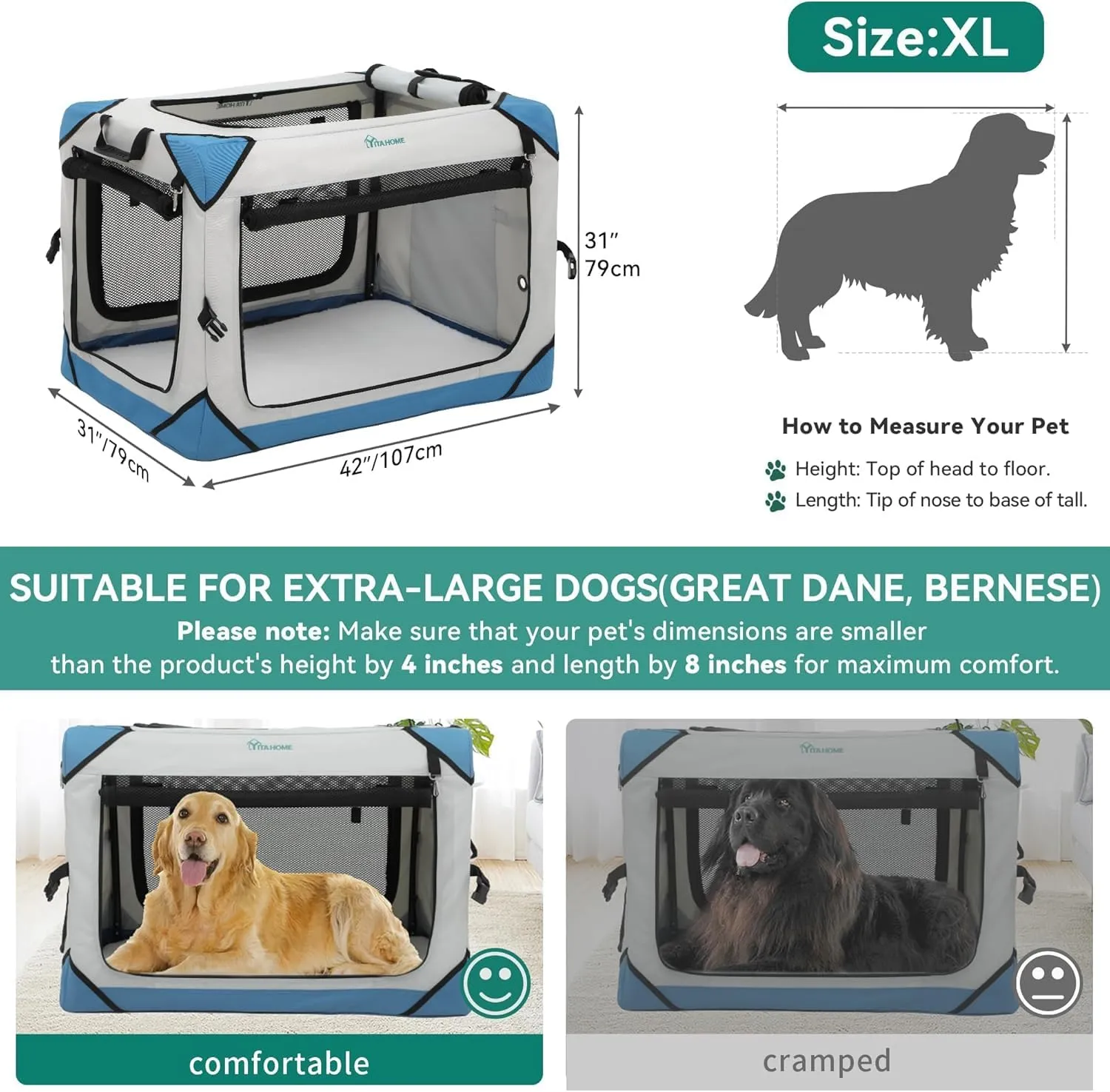 YITAHOME Collapsible Dog Crate, 4-Door Portable Travel Dog Crate, 4-Door Folding Soft Dog Kennel with Breathable Mesh Windows & Soft Mat，Indoor & Outdoor Use, 42" L x 31" W x 31" H, Flat Style