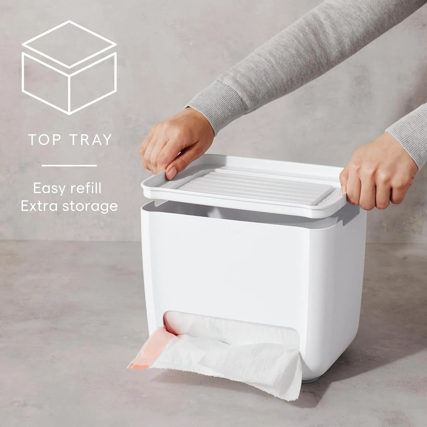 YouCopia SinkSuite Bag & Pod Dispenser, Standing Garbage Bag and Dishwasher Pod Organizer with Removable Lids for Storage, Speckled White