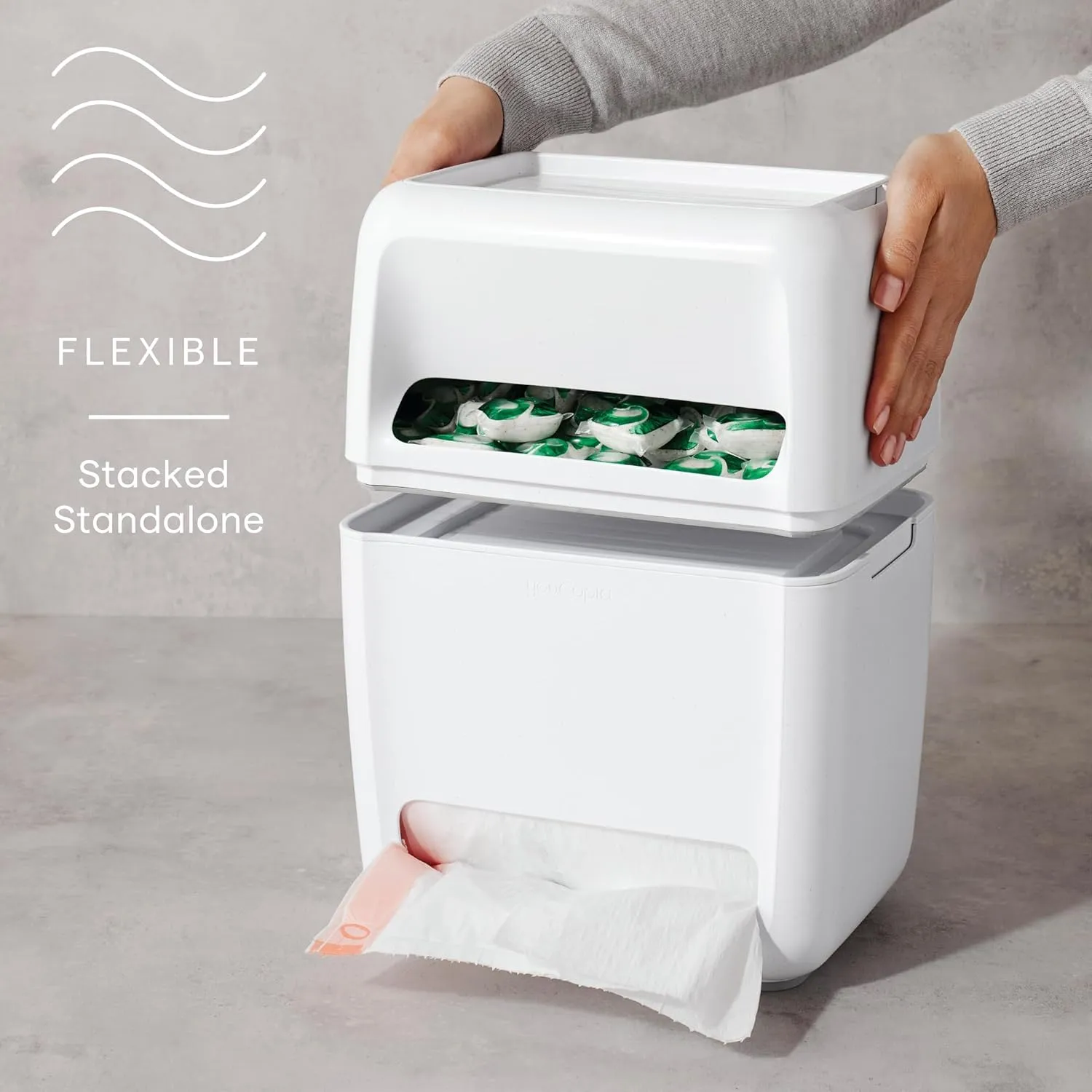 YouCopia SinkSuite Bag & Pod Dispenser, Standing Garbage Bag and Dishwasher Pod Organizer with Removable Lids for Storage, Speckled White
