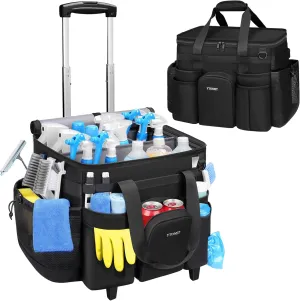Ytonet Cleaning Caddy with Wheels, Large Rolling Cleaning Caddy Bag with Detachable Trolley for Housekeepers, Water Resistant Cleaner Supplies Organizer with Wheels for Kitchen, Car, Tool Organizer