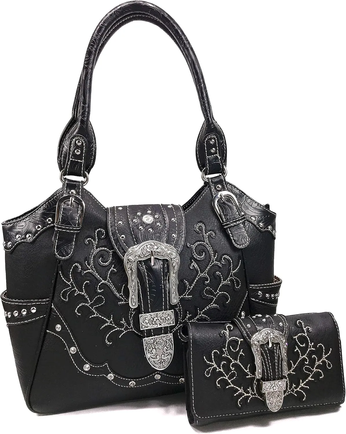 Zelris American Albino Western Floral Buckle Conceal Carry Women Tote Purse Handbag with Crossbody Wallet Set
