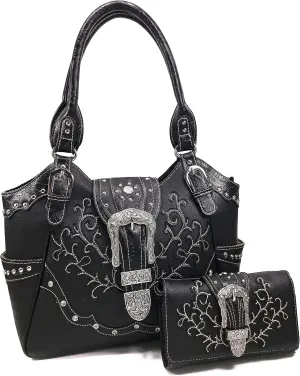 Zelris American Albino Western Floral Buckle Conceal Carry Women Tote Purse Handbag with Crossbody Wallet Set