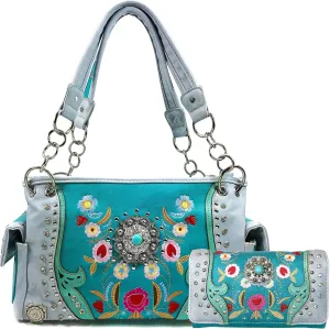 Zelris Embroidered Floral Laser Cut Turquoise Rhinestone Concho Concealed Carry Shoulder Handbag Wallet Set