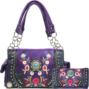 Zelris Embroidered Floral Laser Cut Turquoise Rhinestone Concho Concealed Carry Shoulder Handbag Wallet Set