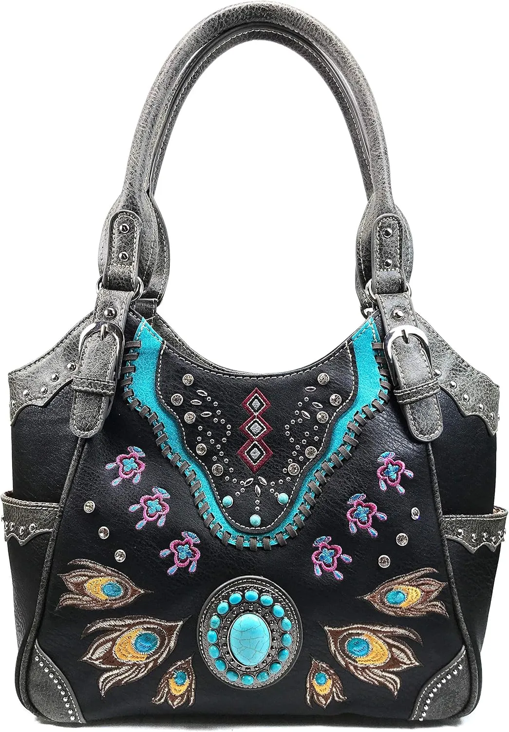Zelris Turquoise Stone Concho Peacock Feather Women Conceal Carry Tote Purse Bag