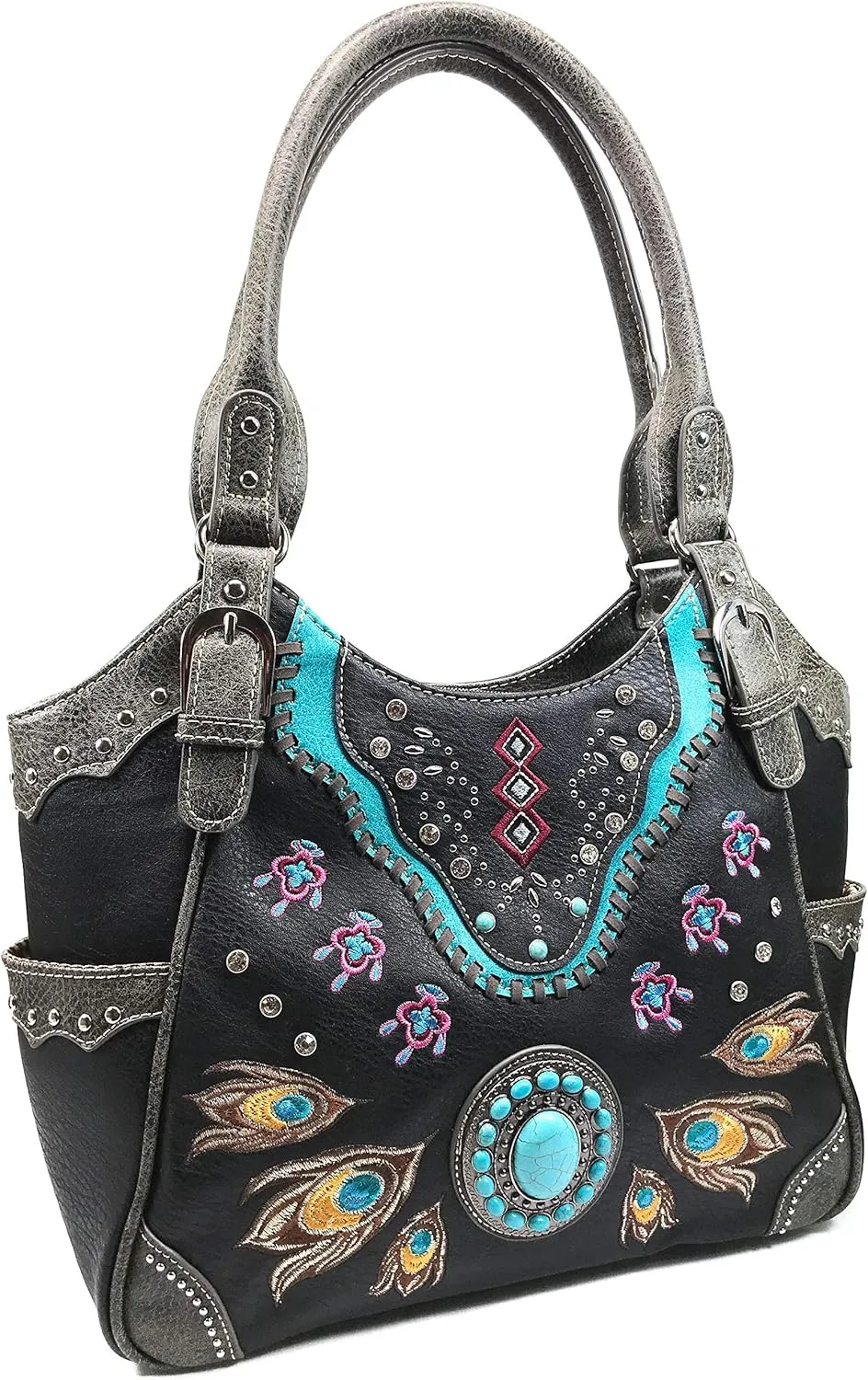 Zelris Turquoise Stone Concho Peacock Feather Women Conceal Carry Tote Purse Bag