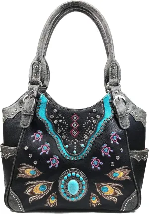 Zelris Turquoise Stone Concho Peacock Feather Women Conceal Carry Tote Purse Bag