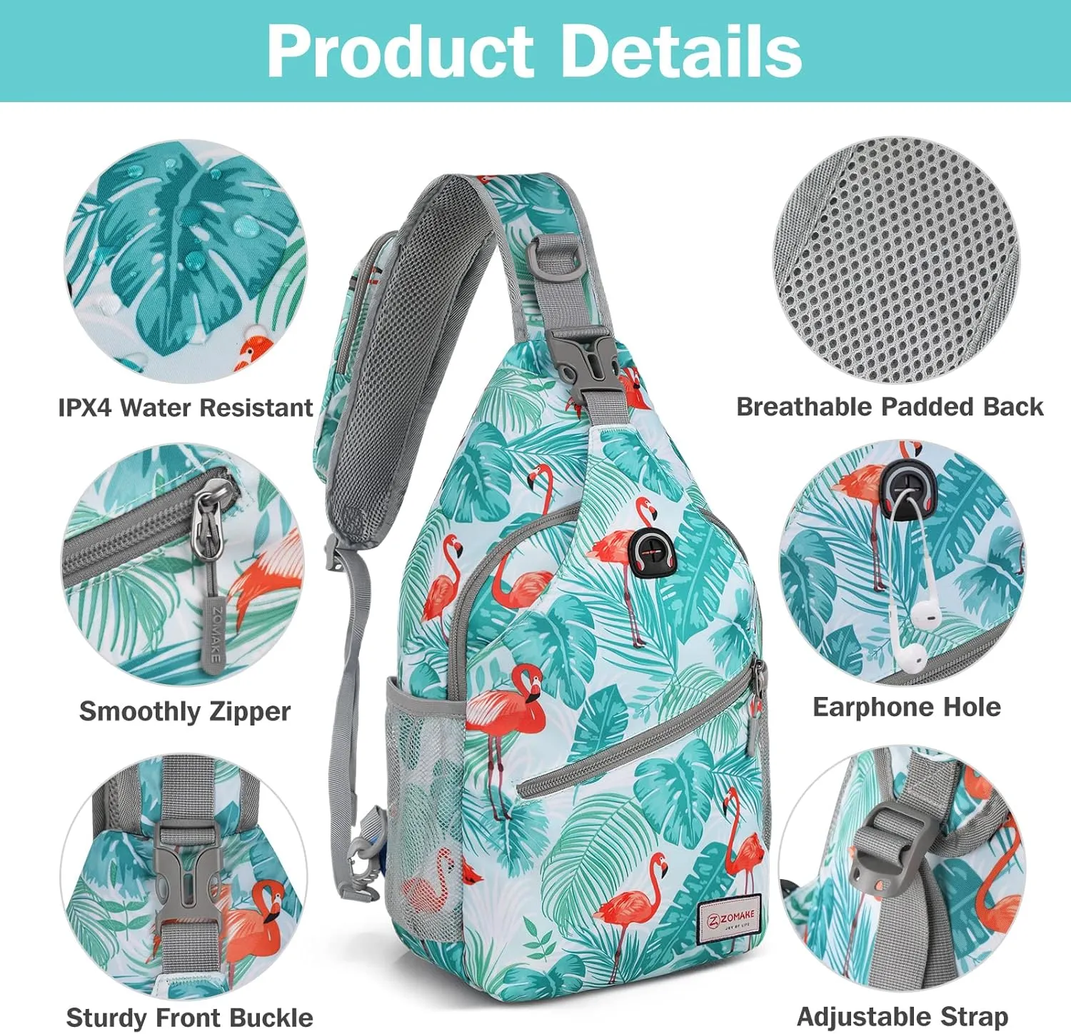 ZOMAKE Sling Bag for Women Men, Small Crossbody Sling Backpack, Mini Water Resistant Shoulder Daypack for Travel, Anti Thief Chest Bag for Hiking, Sports(Flamingo Blue)